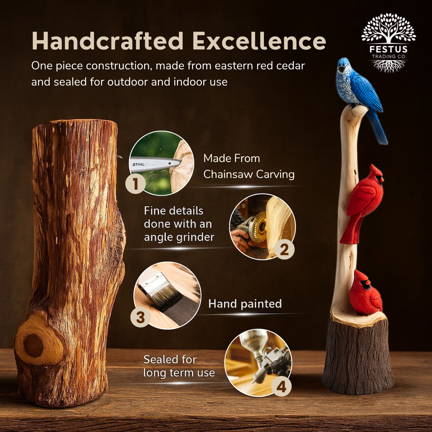 Handcarved Cedar Triple Birds on Perch – Custom Chainsaw Carving – Rustic Wildlife Décor – Cardinal, Owl, Blue Jay, or Eagle Sculpture