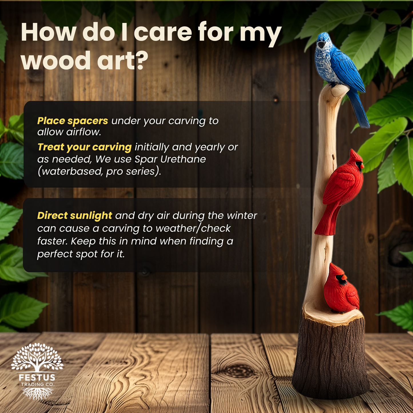 Handcarved Cedar Triple Birds on Perch – Custom Chainsaw Carving – Rustic Wildlife Décor – Cardinal, Owl, Blue Jay, or Eagle Sculpture