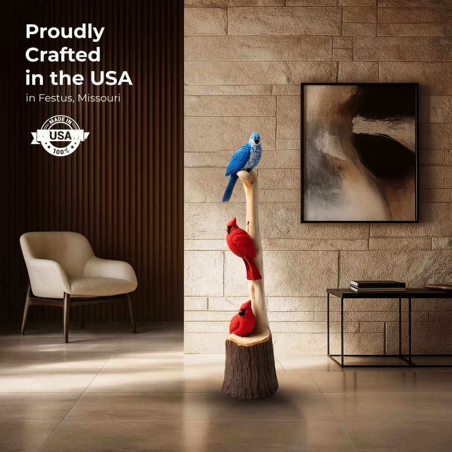 Handcarved Cedar Triple Birds on Perch – Custom Chainsaw Carving – Rustic Wildlife Décor – Cardinal, Owl, Blue Jay, or Eagle Sculpture