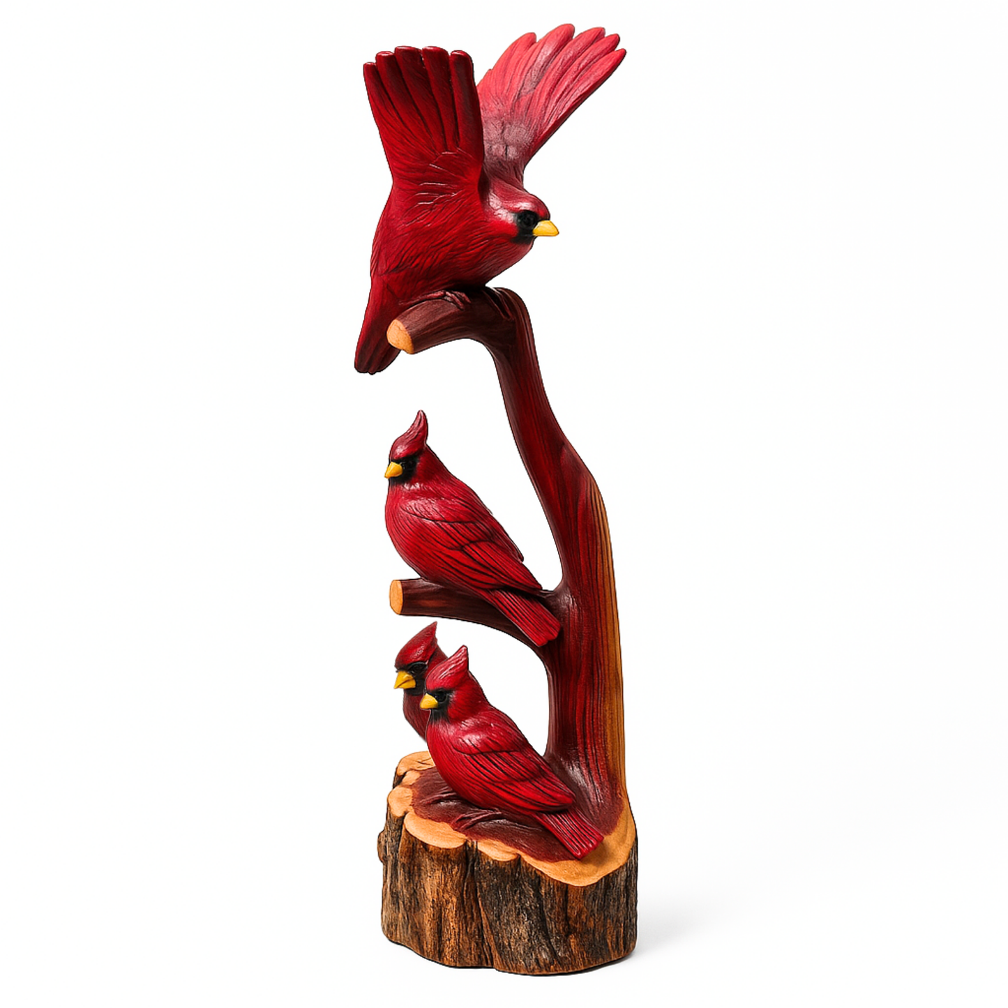 Handcarved Cedar Triple Birds on Perch – Custom Chainsaw Carving – Rustic Wildlife Décor – Cardinal, Owl, Blue Jay, or Eagle Sculpture