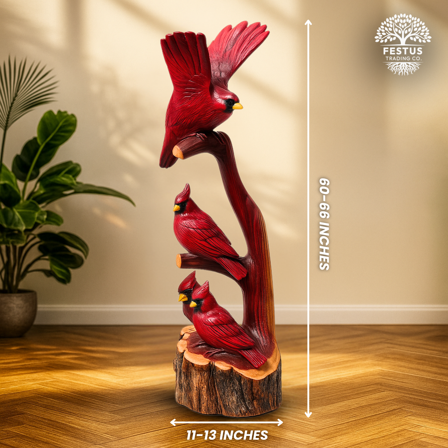 Handcarved Cedar Triple Birds on Perch – Custom Chainsaw Carving – Rustic Wildlife Décor – Cardinal, Owl, Blue Jay, or Eagle Sculpture