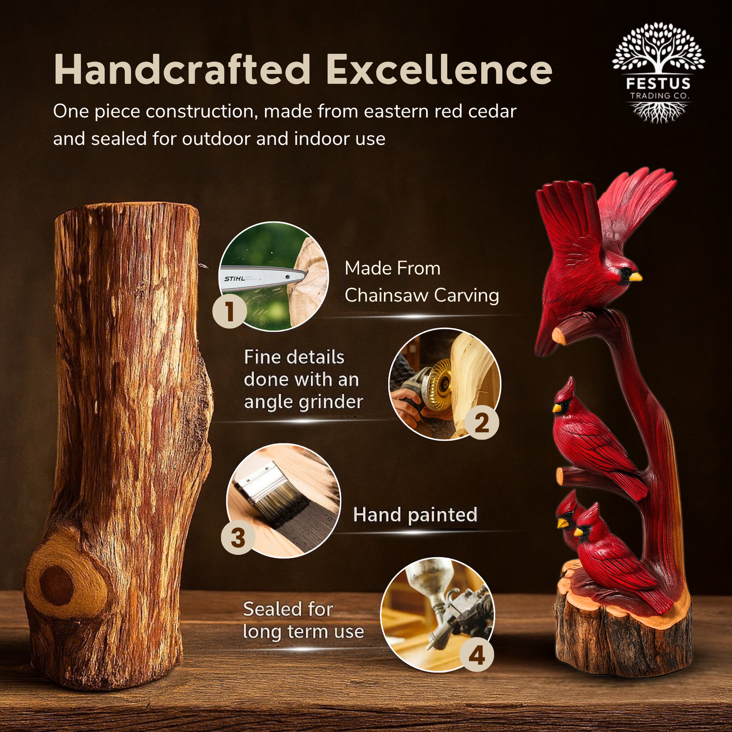 Handcarved Cedar Triple Birds on Perch – Custom Chainsaw Carving – Rustic Wildlife Décor – Cardinal, Owl, Blue Jay, or Eagle Sculpture