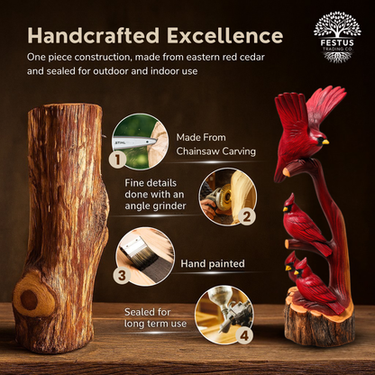 Handcarved Cedar Triple Birds on Perch – Custom Chainsaw Carving – Rustic Wildlife Décor – Cardinal, Owl, Blue Jay, or Eagle Sculpture