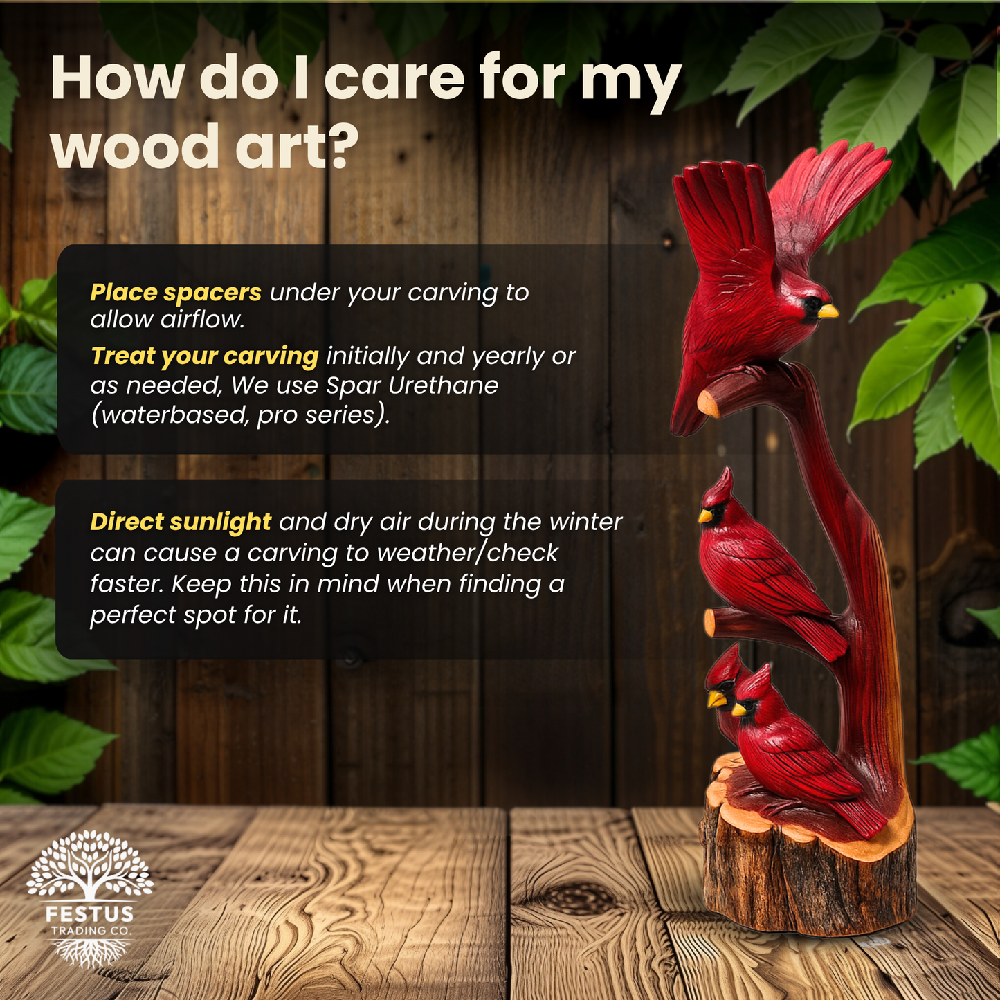 Handcarved Cedar Triple Birds on Perch – Custom Chainsaw Carving – Rustic Wildlife Décor – Cardinal, Owl, Blue Jay, or Eagle Sculpture