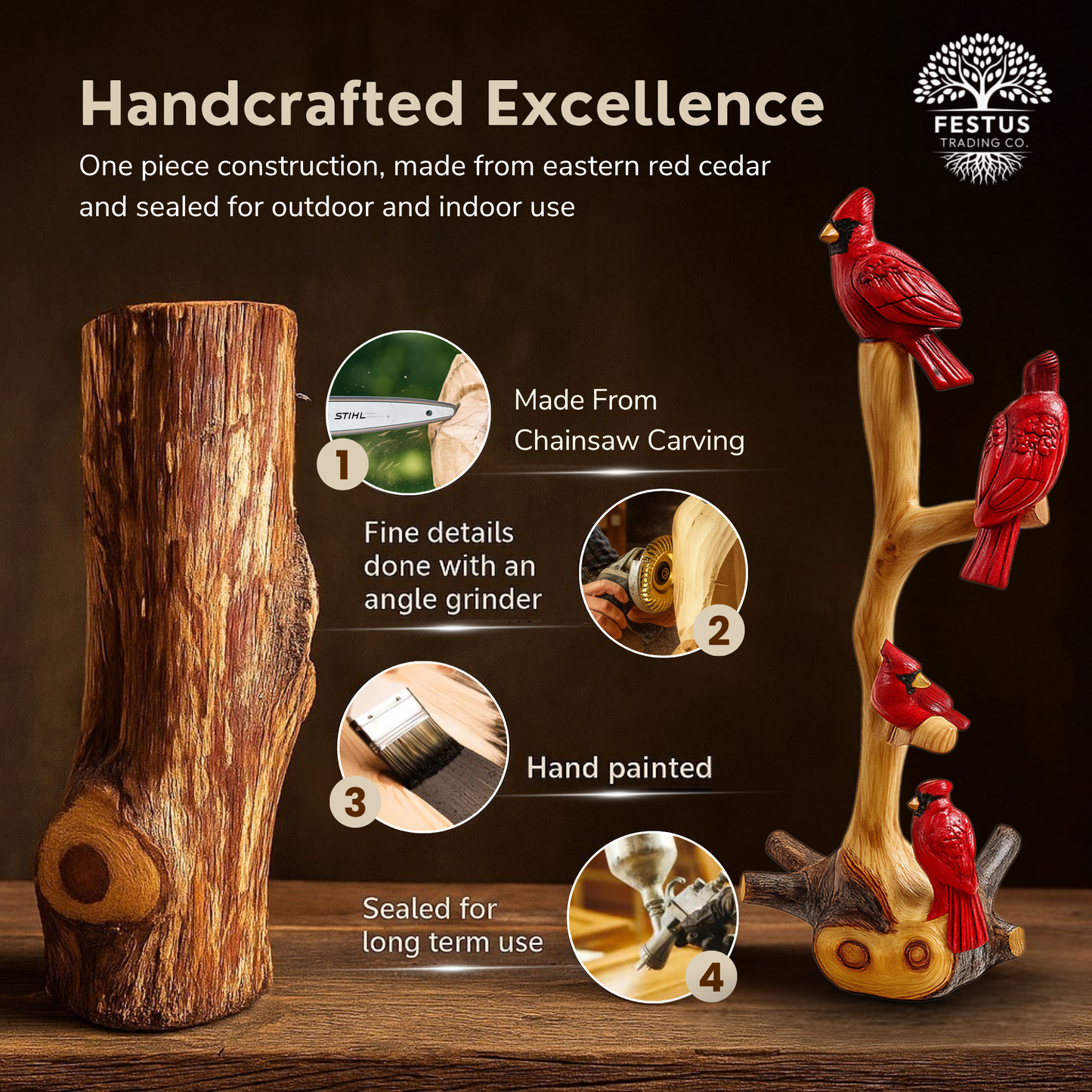 Quadruple Birds on Perch Cedar Chainsaw Carving – Handmade Rustic Cedar Wood Wildlife Décor – Outdoor Garden & Cabin Art