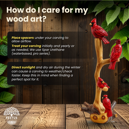 Quadruple Birds on Perch Cedar Chainsaw Carving – Handmade Rustic Cedar Wood Wildlife Décor – Outdoor Garden & Cabin Art