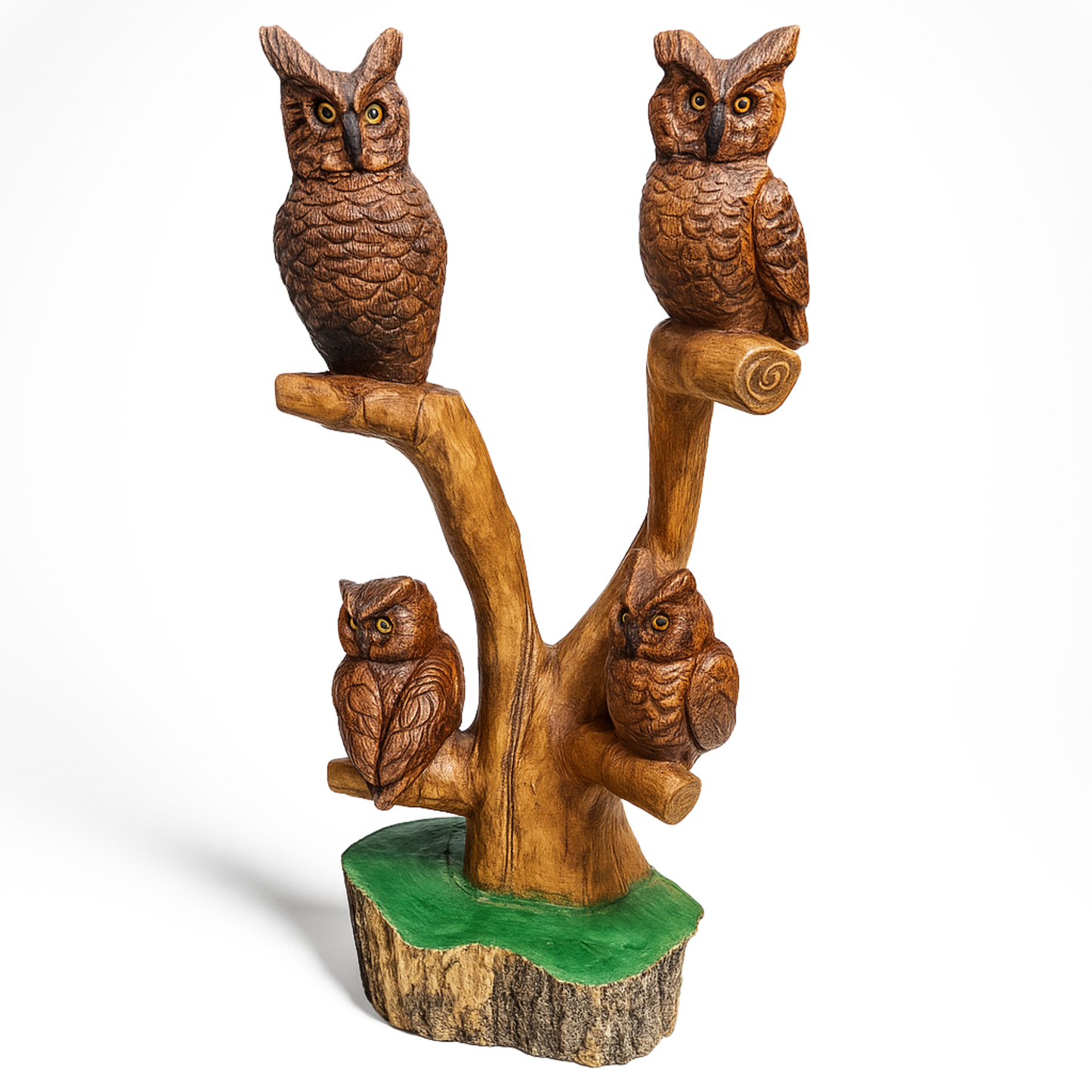 Quadruple Birds on Perch Cedar Chainsaw Carving – Handmade Rustic Cedar Wood Wildlife Décor – Outdoor Garden & Cabin Art