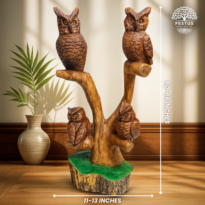 Quadruple Birds on Perch Cedar Chainsaw Carving – Handmade Rustic Cedar Wood Wildlife Décor – Outdoor Garden & Cabin Art