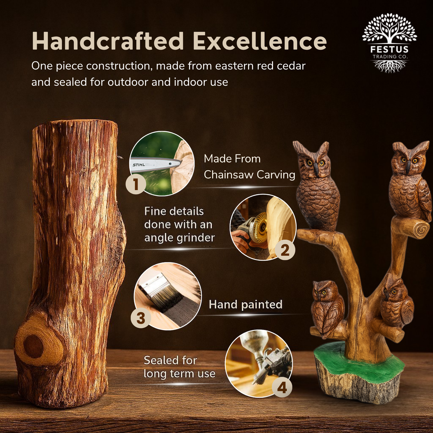 Quadruple Birds on Perch Cedar Chainsaw Carving – Handmade Rustic Cedar Wood Wildlife Décor – Outdoor Garden & Cabin Art