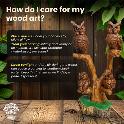 Quadruple Birds on Perch Cedar Chainsaw Carving – Handmade Rustic Cedar Wood Wildlife Décor – Outdoor Garden & Cabin Art