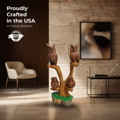 Quadruple Birds on Perch Cedar Chainsaw Carving – Handmade Rustic Cedar Wood Wildlife Décor – Outdoor Garden & Cabin Art