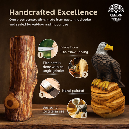 Solo Eagle Chainsaw Carving – Rustic Handmade Cedar Wood Eagle Statue – Wildlife Décor & Patriotic Gift