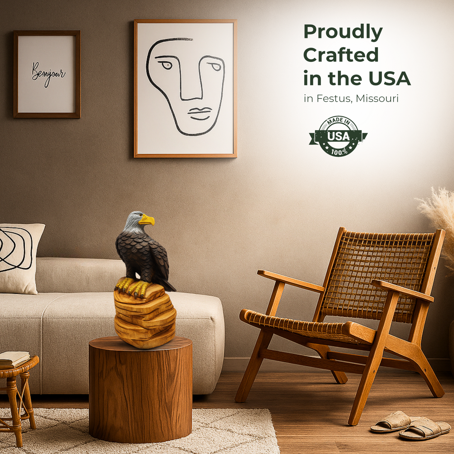 Solo Eagle Chainsaw Carving – Rustic Handmade Cedar Wood Eagle Statue – Wildlife Décor & Patriotic Gift