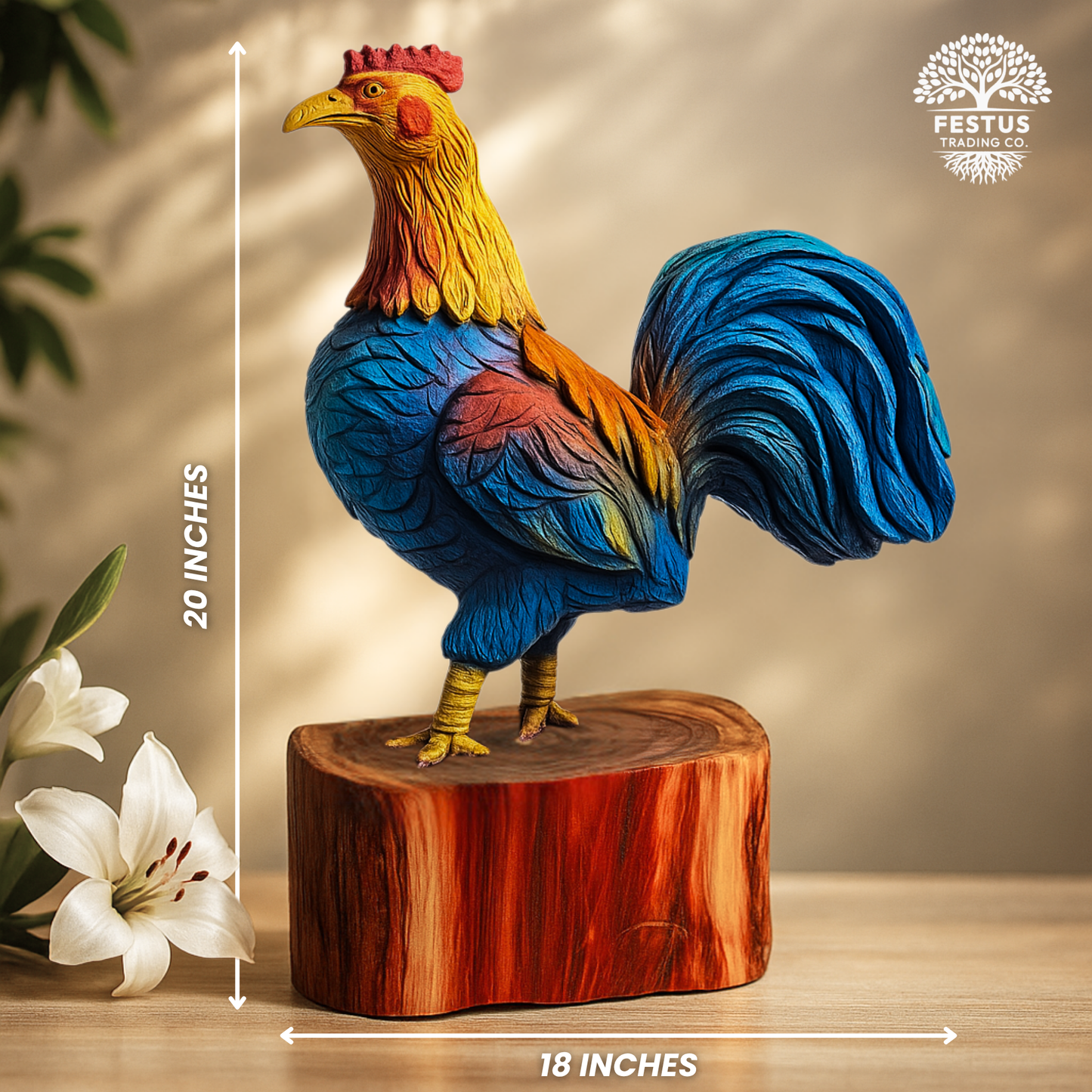 Running Rooster Chainsaw Carving – Handmade Cedar Wood Rooster Statue