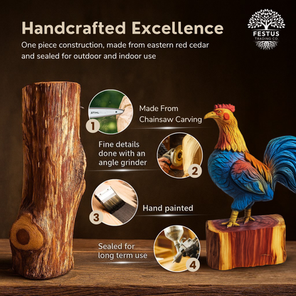 Running Rooster Chainsaw Carving – Handmade Cedar Wood Rooster Statue