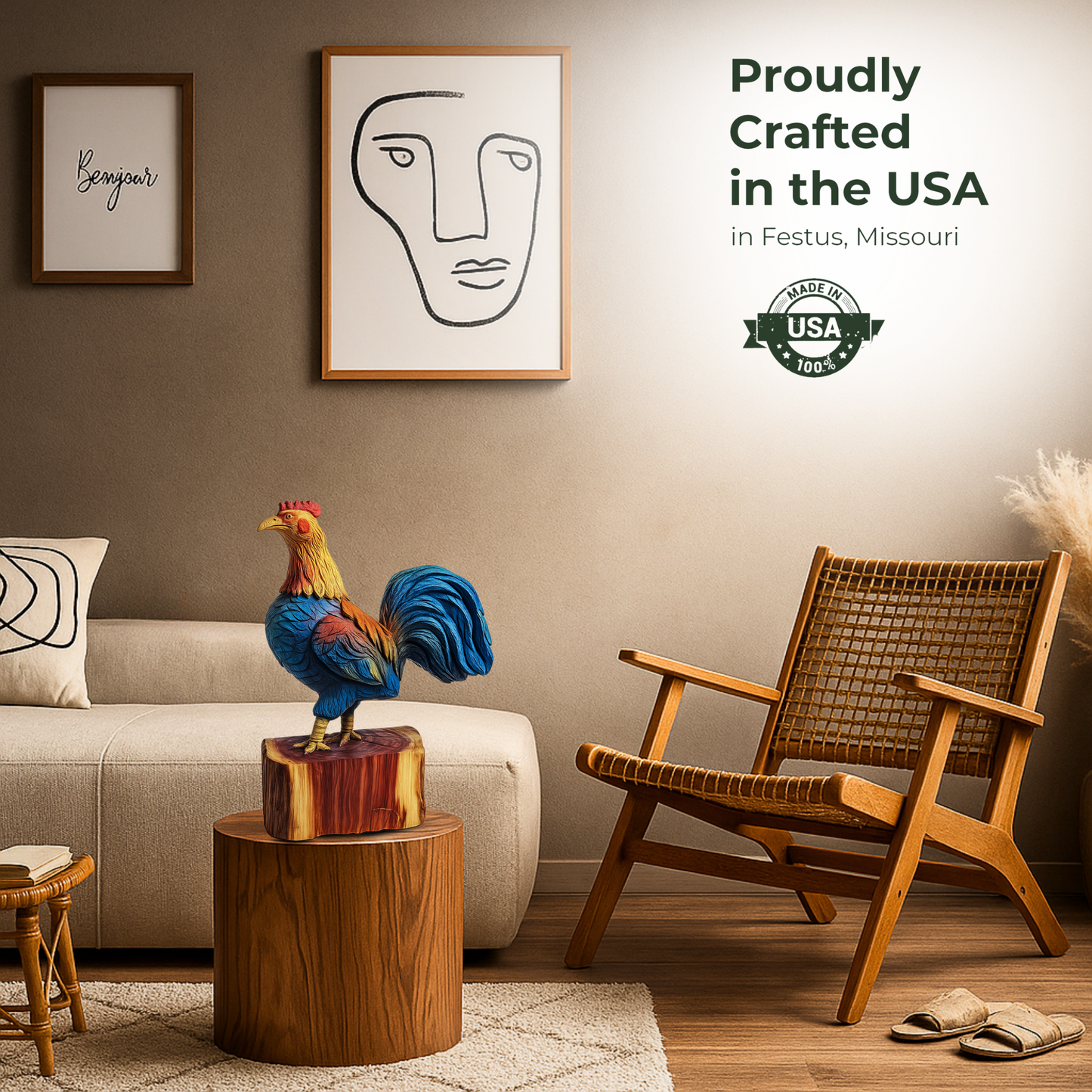 Running Rooster Chainsaw Carving – Handmade Cedar Wood Rooster Statue