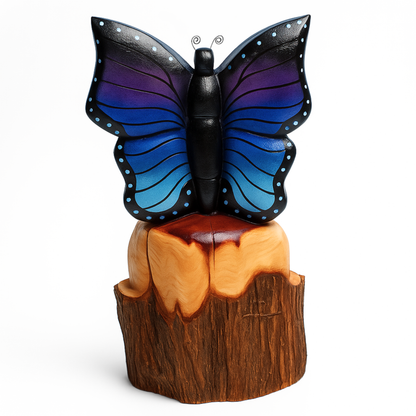 Solo Butterfly Cedar Chainsaw Carving – Handmade Rustic Outdoor Décor in Blue, Purple & Black