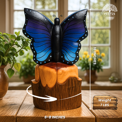 Solo Butterfly Cedar Chainsaw Carving – Handmade Rustic Outdoor Décor in Blue, Purple & Black