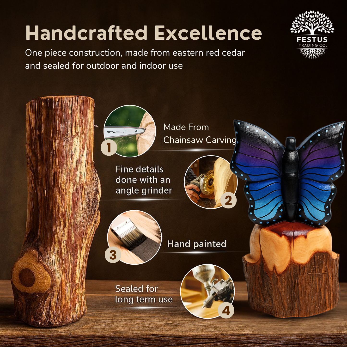 Solo Butterfly Cedar Chainsaw Carving – Handmade Rustic Outdoor Décor in Blue, Purple & Black