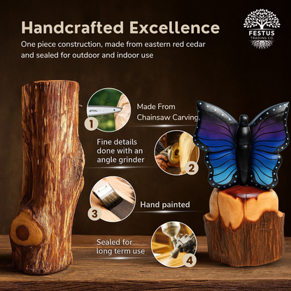 Solo Butterfly Cedar Chainsaw Carving – Handmade Rustic Outdoor Décor in Blue, Purple & Black