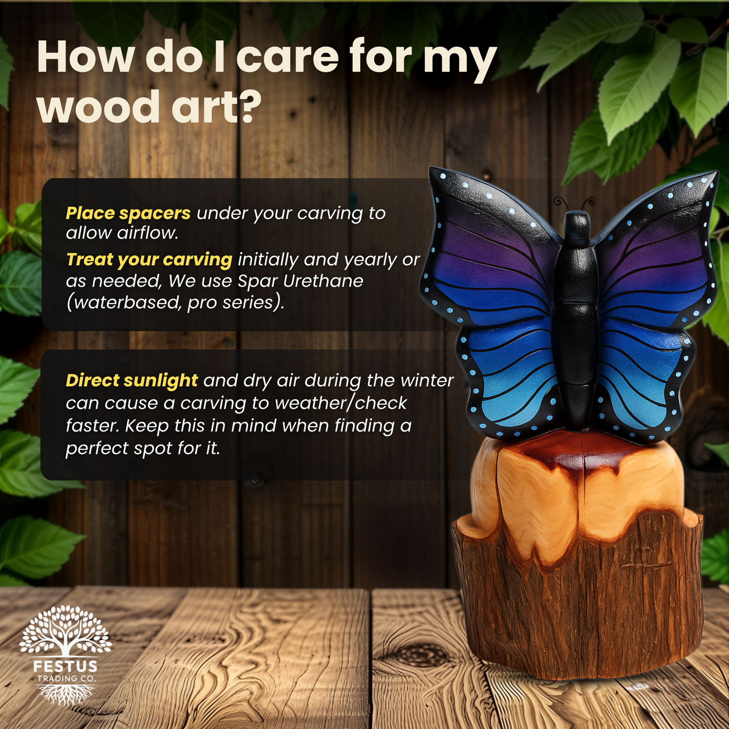 Solo Butterfly Cedar Chainsaw Carving – Handmade Rustic Outdoor Décor in Blue, Purple & Black
