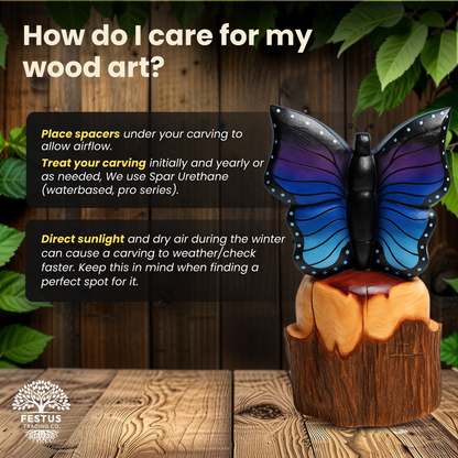 Solo Butterfly Cedar Chainsaw Carving – Handmade Rustic Outdoor Décor in Blue, Purple & Black