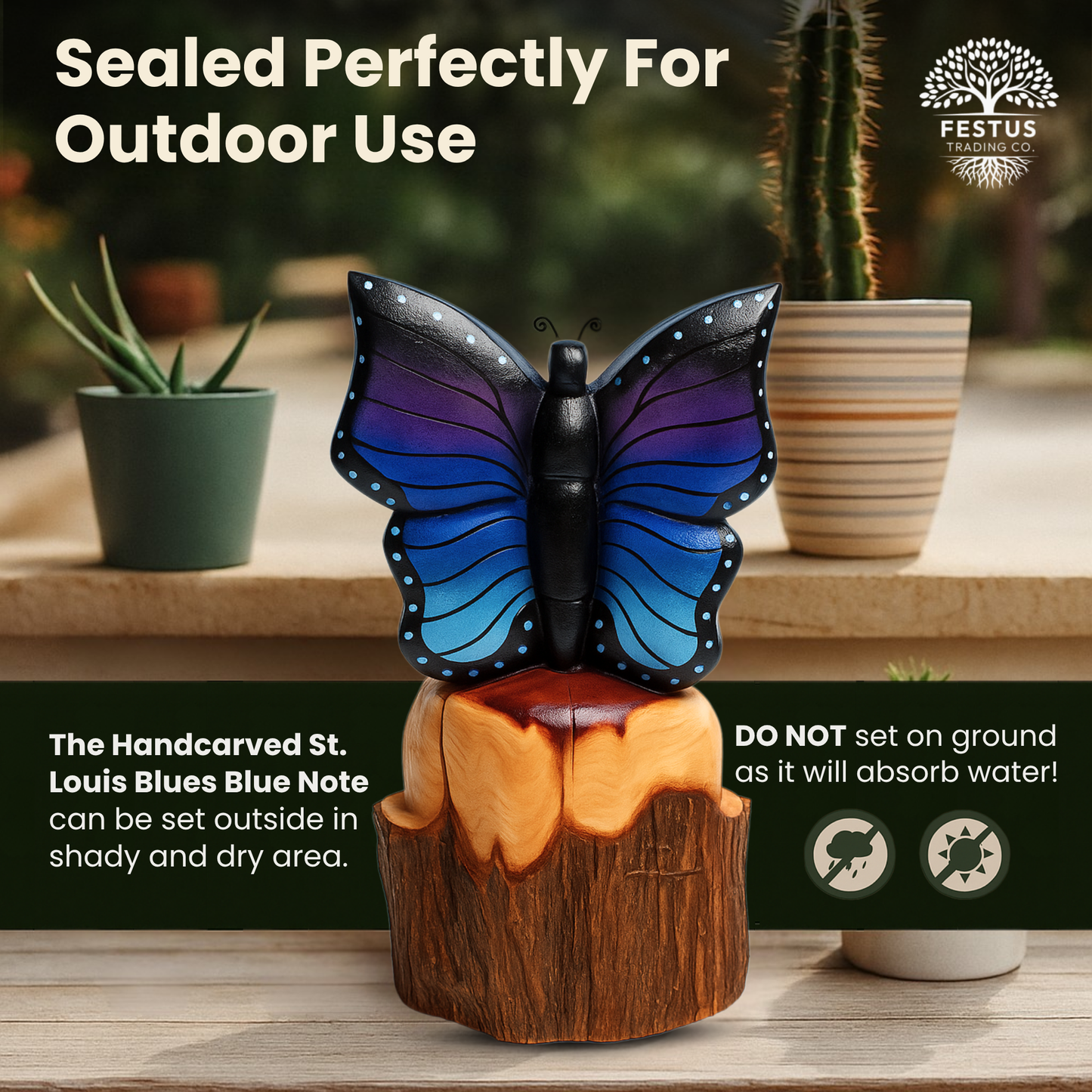 Solo Butterfly Cedar Chainsaw Carving – Handmade Rustic Outdoor Décor in Blue, Purple & Black