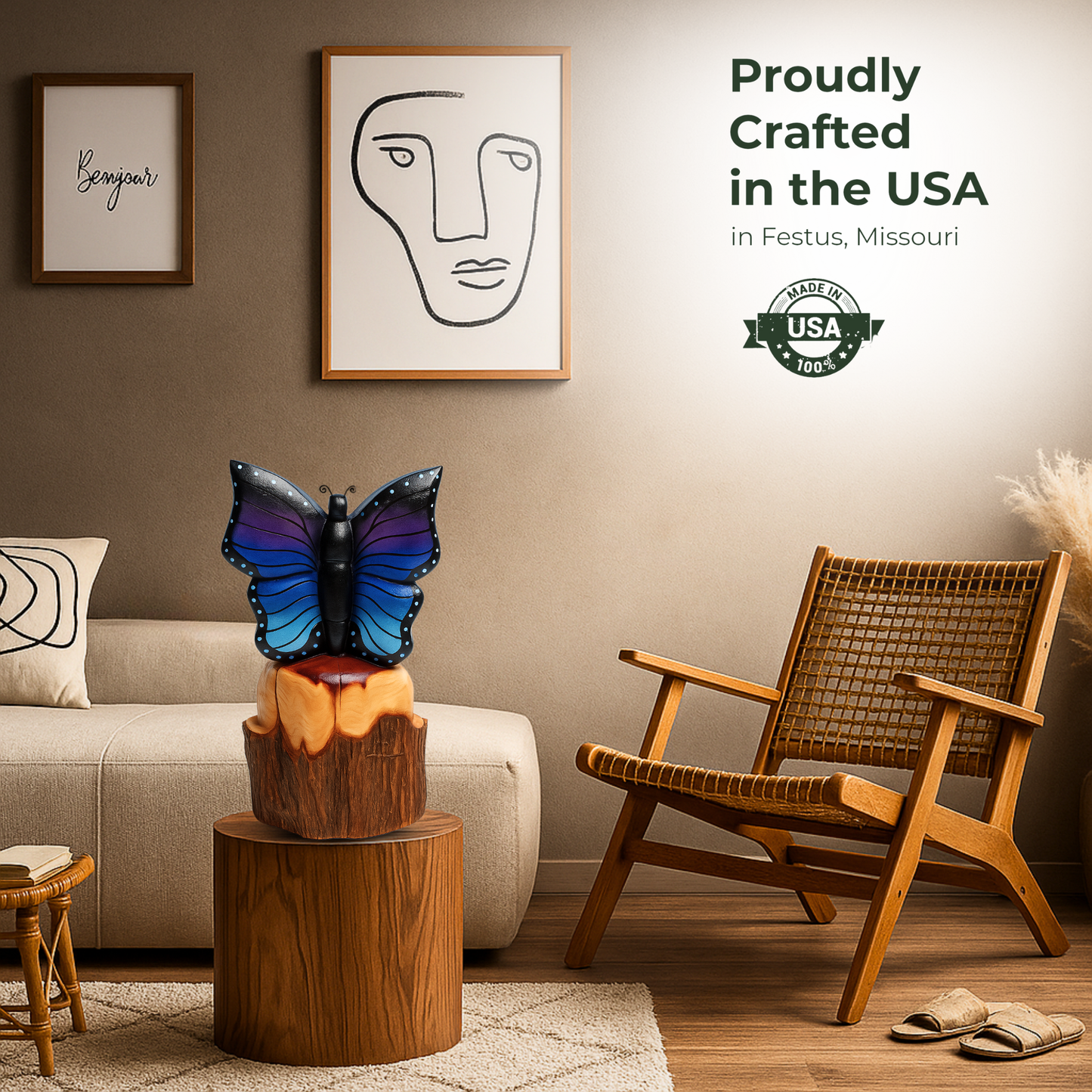 Solo Butterfly Cedar Chainsaw Carving – Handmade Rustic Outdoor Décor in Blue, Purple & Black