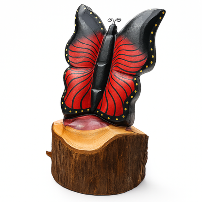 Solo Butterfly Cedar Chainsaw Carving – Handmade Rustic Outdoor Décor in Blue, Purple & Black