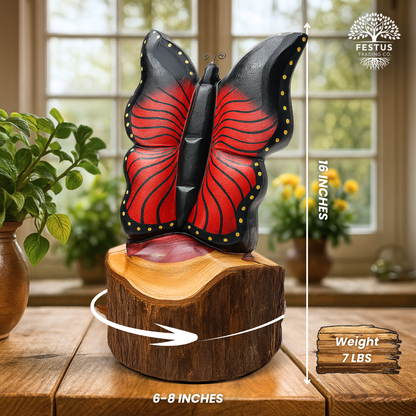 Solo Butterfly Cedar Chainsaw Carving – Handmade Rustic Outdoor Décor in Blue, Purple & Black