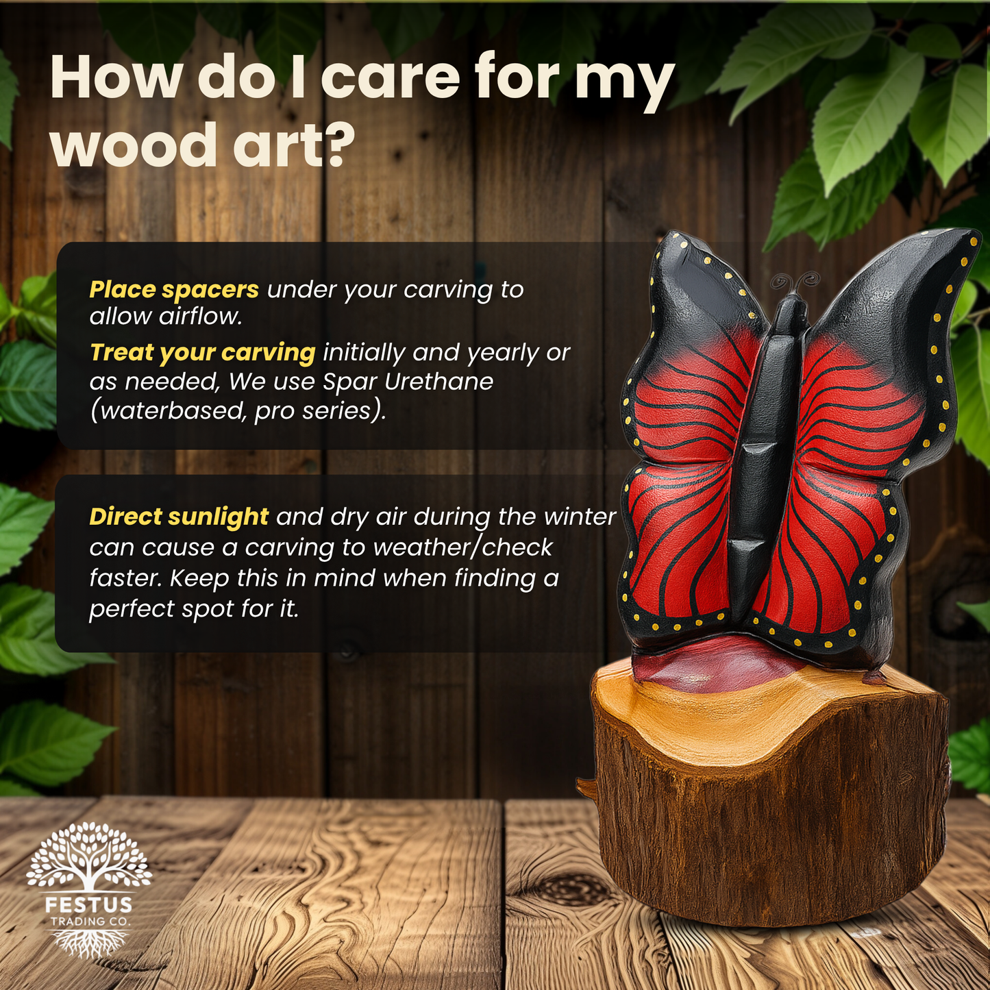 Solo Butterfly Cedar Chainsaw Carving – Handmade Rustic Outdoor Décor in Blue, Purple & Black