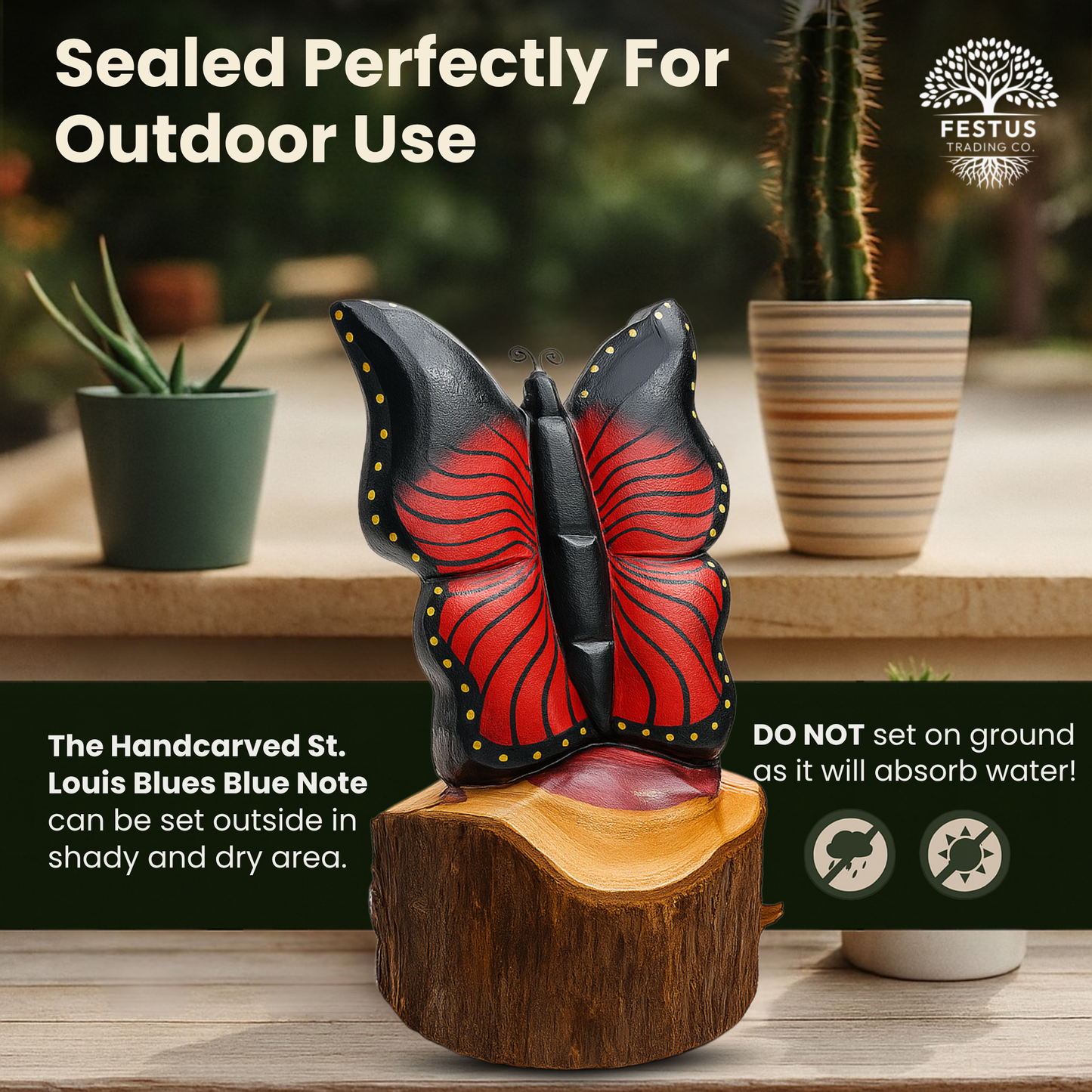 Solo Butterfly Cedar Chainsaw Carving – Handmade Rustic Outdoor Décor in Blue, Purple & Black