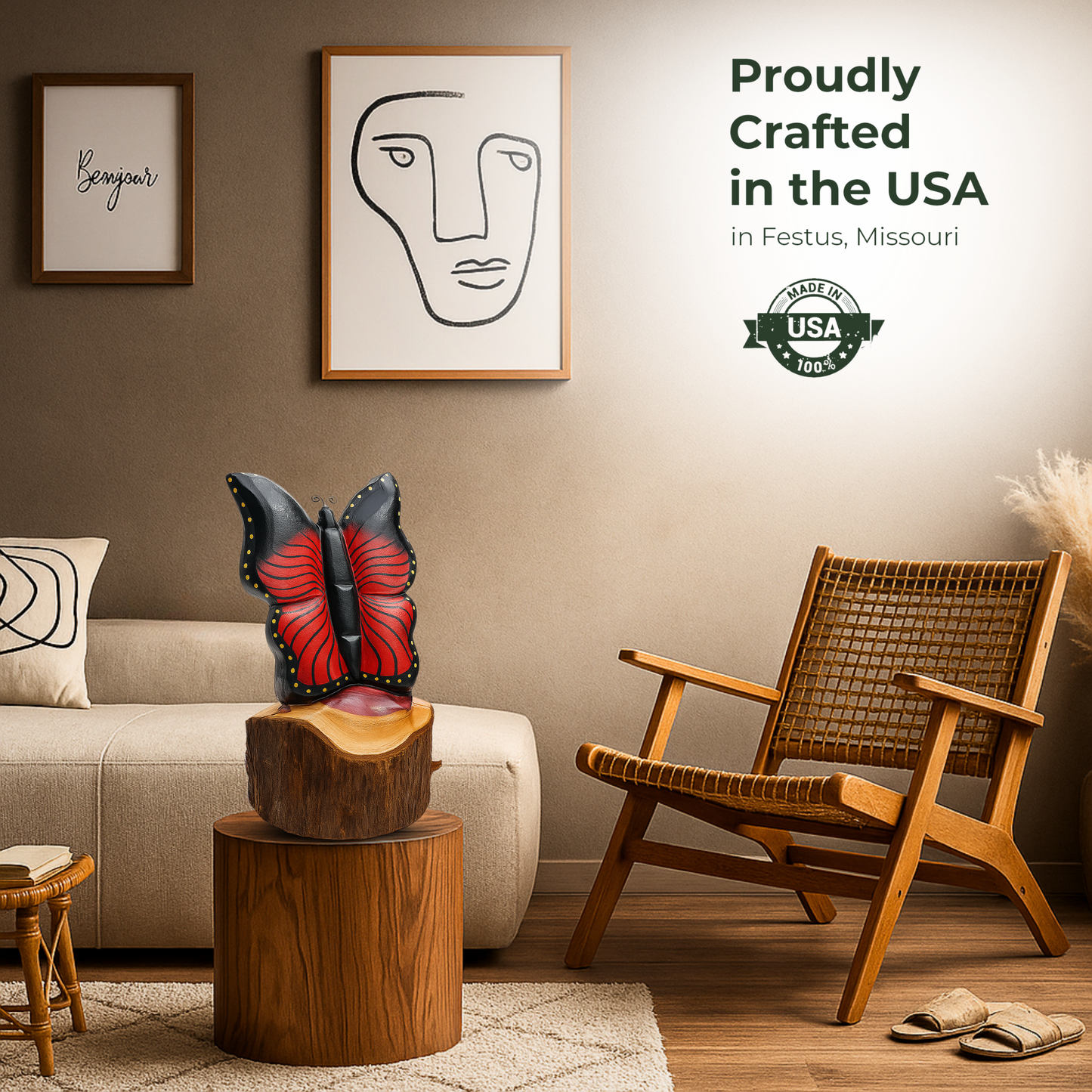 Solo Butterfly Cedar Chainsaw Carving – Handmade Rustic Outdoor Décor in Blue, Purple & Black