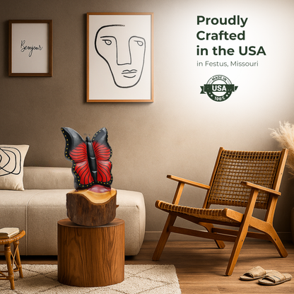 Solo Butterfly Cedar Chainsaw Carving – Handmade Rustic Outdoor Décor in Blue, Purple & Black