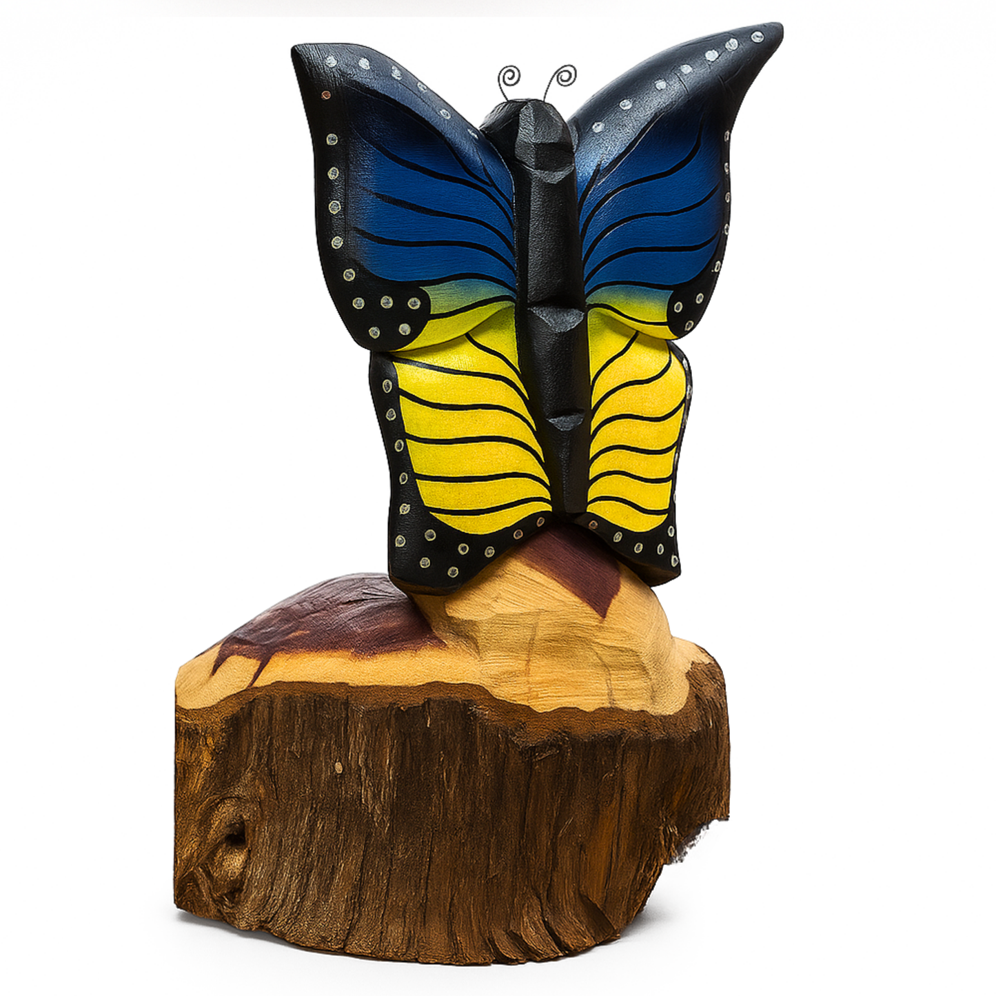 Solo Butterfly Cedar Chainsaw Carving – Handmade Rustic Outdoor Décor in Blue, Purple & Black