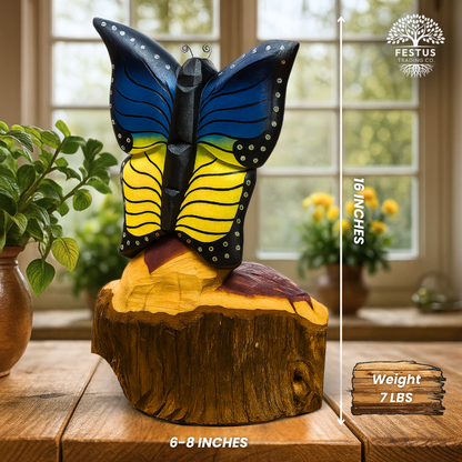 Solo Butterfly Cedar Chainsaw Carving – Handmade Rustic Outdoor Décor in Blue, Purple & Black