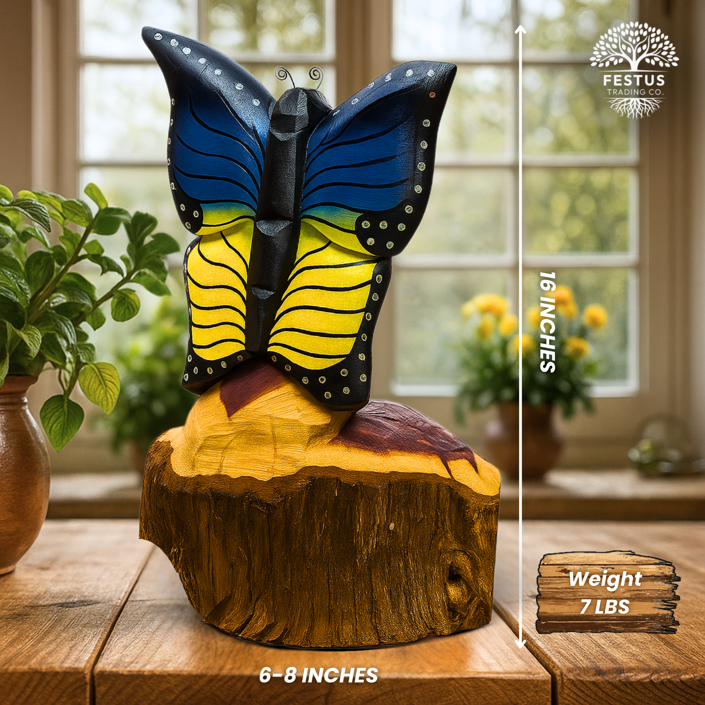 Solo Butterfly Cedar Chainsaw Carving – Handmade Rustic Outdoor Décor in Blue, Purple & Black