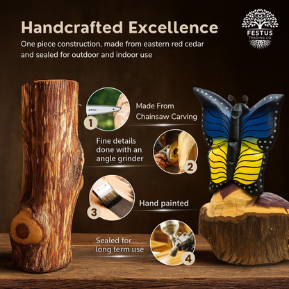 Solo Butterfly Cedar Chainsaw Carving – Handmade Rustic Outdoor Décor in Blue, Purple & Black