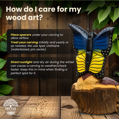 Solo Butterfly Cedar Chainsaw Carving – Handmade Rustic Outdoor Décor in Blue, Purple & Black