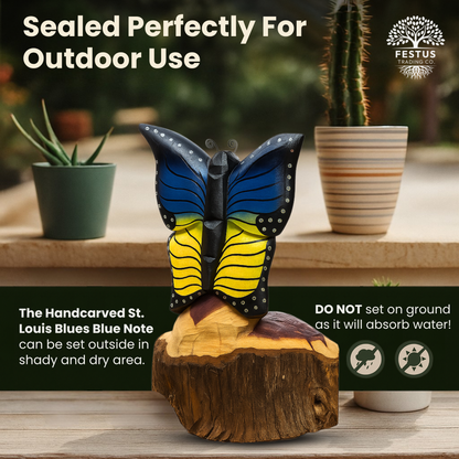 Solo Butterfly Cedar Chainsaw Carving – Handmade Rustic Outdoor Décor in Blue, Purple & Black