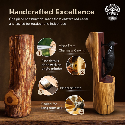 Pileated Woodpecker Chainsaw Carving – Rustic Handmade Cedar Woodpecker Statue – Wildlife Décor & Bird Lover Gift