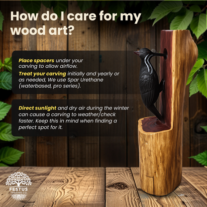 Pileated Woodpecker Chainsaw Carving – Rustic Handmade Cedar Woodpecker Statue – Wildlife Décor & Bird Lover Gift