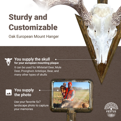 Rustic Arrowhead European Mount with 5x7 Wooden Picture Frame – Hunting Skull Hanger, Antler & Deer Mount Display, Made in USA