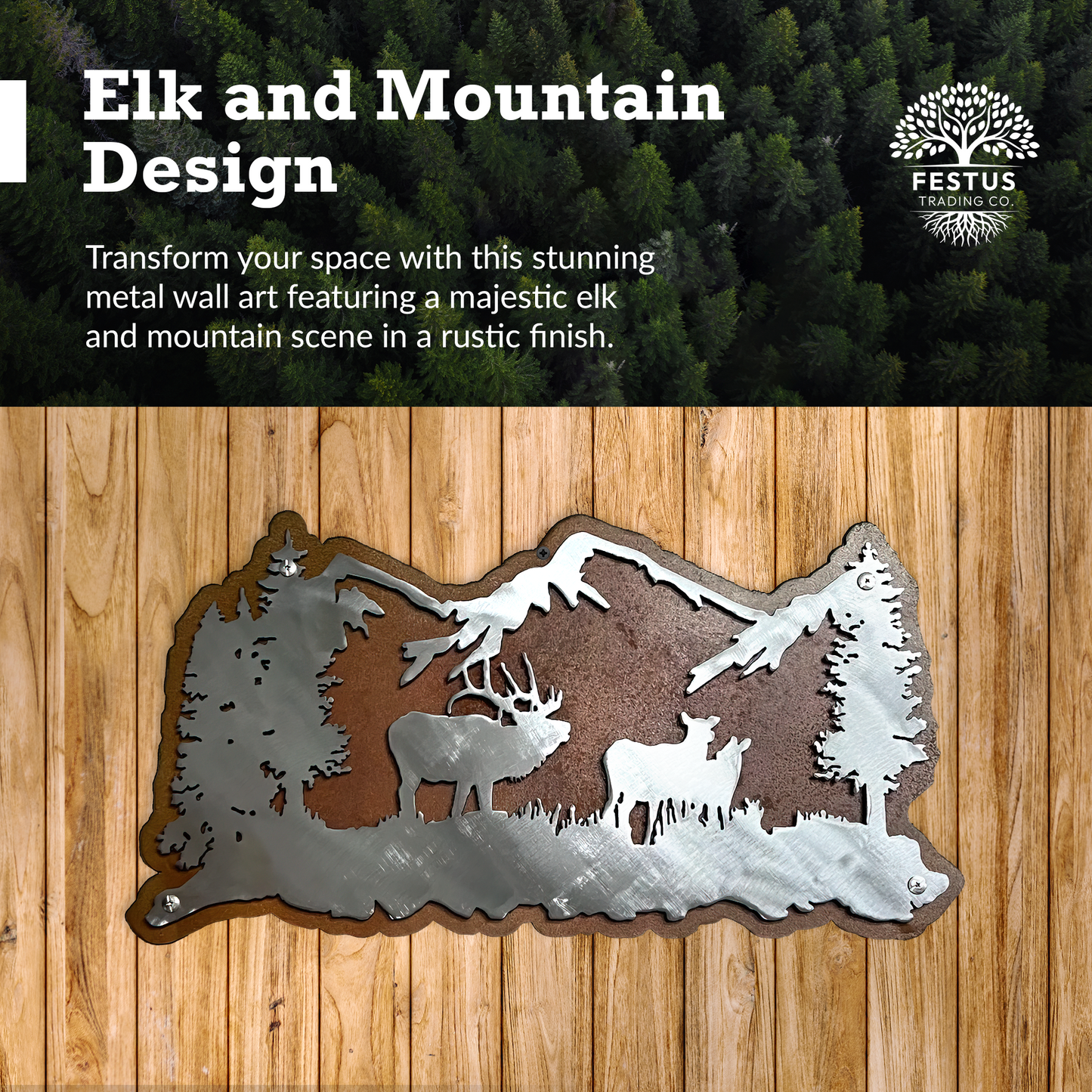 Rusty Elk and Mountain Scene | Rustic Metal Wall Art for Cabins, Living Rooms, and Offices | Nature-Inspired Décor