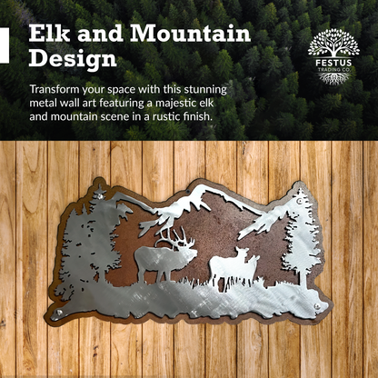 Rusty Elk & Mountain Scene Metal Wall Art