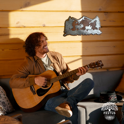 Rusty Elk & Mountain Scene Metal Wall Art