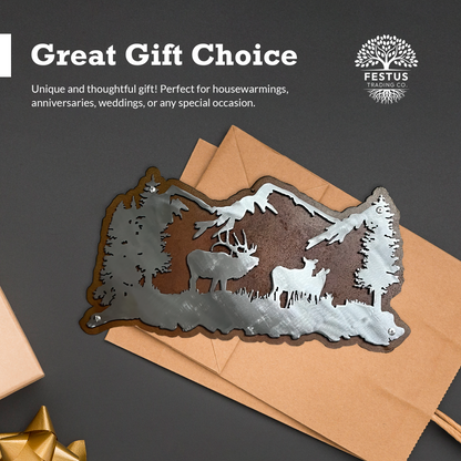 Rusty Elk & Mountain Scene Metal Wall Art