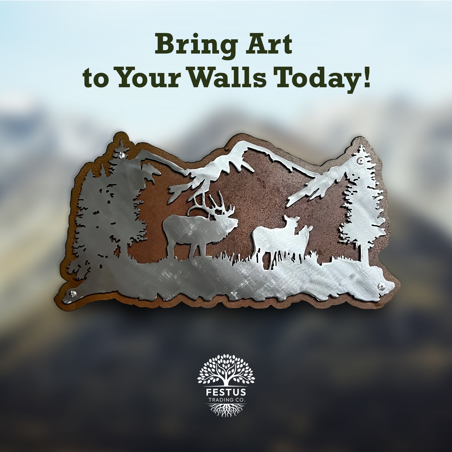 Rusty Elk and Mountain Scene | Rustic Metal Wall Art for Cabins, Living Rooms, and Offices | Nature-Inspired Décor