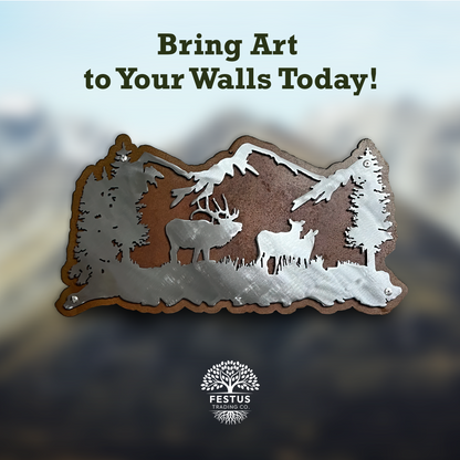 Rusty Elk & Mountain Scene Metal Wall Art