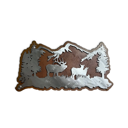 Rusty Elk & Mountain Scene Metal Wall Art
